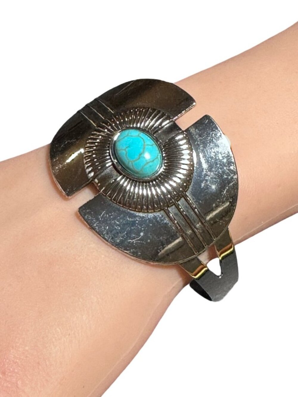Boho Cuff Bracelet Mirror Polish Blue Stone Center Western Womens Jewelry NWOT